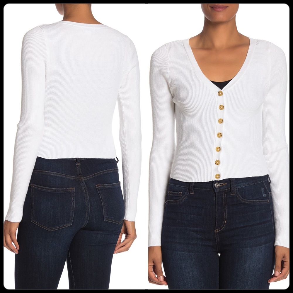 Ribbed Knit 🧶 V-Neck Crop Cárdigan White